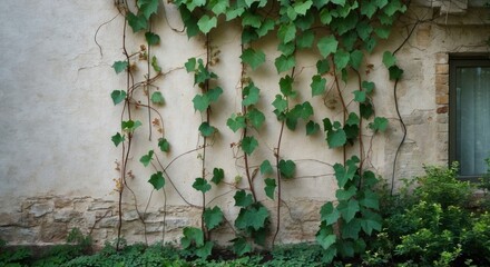 Poster - Vibrant green vines climbing a weathered wall showcasing nature's beauty and resilience in an urban setting.
