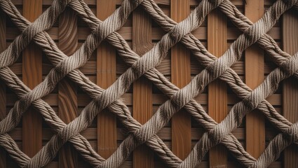 Poster - Natural woven texture background with rope and wooden elements creating a rustic and organic aesthetic for design projects.