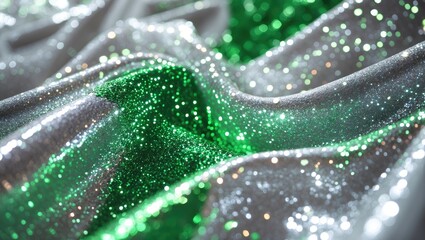 Poster - Glittering silver and green fabric texture with shimmering highlights and sparkling details creating an elegant festive background.