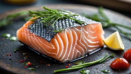 Aufkleber - Fresh Salmon Fillet with Herbs and Lemon Slice on Dark Plate Ideal for Culinary Promotion and Recipe Design