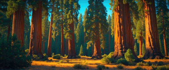 Poster - Majestic sequoia trees standing tall in a serene forest setting with sunlight filtering through the greenery and highlighting the bark textures
