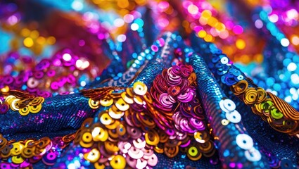 Poster - Colorful sequin fabric close-up macro shot creating an abstract shimmering background perfect for fashion and festive designs.
