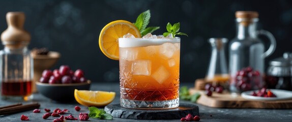 Poster - Refreshing Cocktail with Citrus Garnish and Ice Set Against Dark Background Ideal for Beverage Promotion and Advertising Copy Space