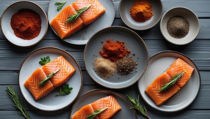 Aufkleber - Salmon Steaks with Spices on Plates Arranged on Gray Wooden Table with Empty Space for Culinary Creativity and Text