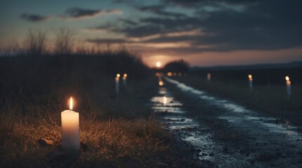Poster - Candlelit path leading into the distance during sunset with reflections on wet ground creating a serene and contemplative atmosphere.