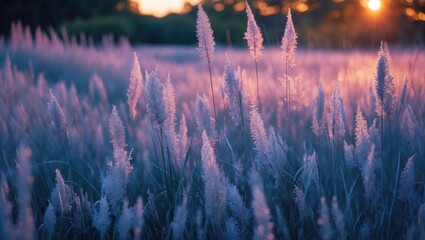 Aufkleber - Dreamy silvertone grasses illuminated by sunset glow in a tranquil summer evening landscape.