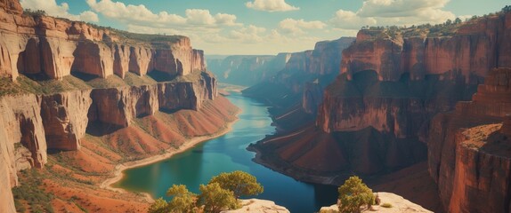 Poster - Majestic Canyon Landscape with Serene River and Dramatic Rock Formations Under Clear Blue Sky