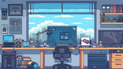 Poster - A pixel art image of a work station with a city view out the window.