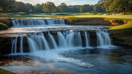 Poster - Serene Waterfall Flowing Through Lush Green Golf Course Landscape at Sunset