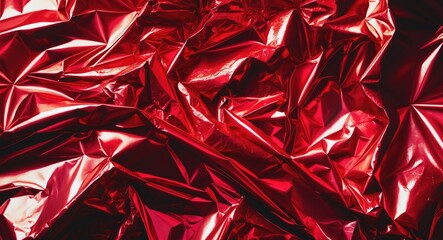 Poster - Textured vibrant red crumpled foil background for festive design projects and holiday-themed content creation.