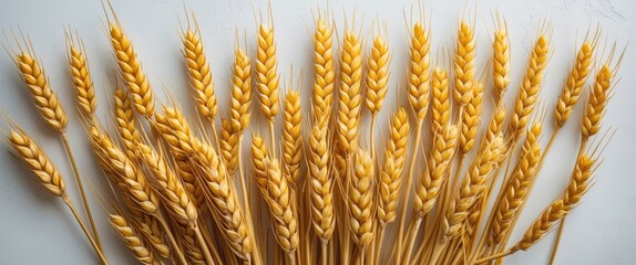 Aufkleber - Golden Wheat Ears Against White Background Closeup Capture of Dry Cereals Spikelets with Space for Text and Design Elements