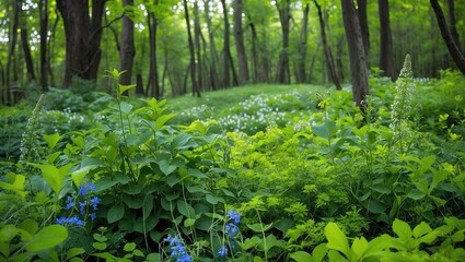 Poster - Lush Green Forest Floor Adorned with Wildflowers Creating a Serene Natural Landscape