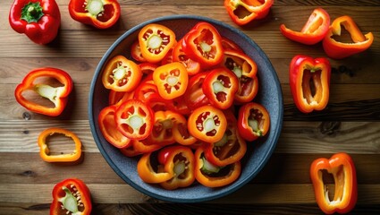Poster - Vibrant sliced sweet peppers arranged in a bowl on a rustic wooden table with extra pieces scattered around for a fresh culinary vibe.