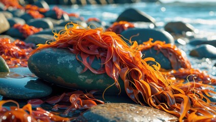 Aufkleber - Vibrant Seaweed Draped Over Smooth Stones by the Shore Reflecting Sunlight in a Serene Coastal Landscape