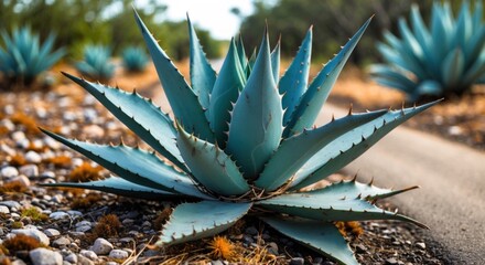 Aufkleber - Foxtail agave plant in selective focus surrounded by stones and dry grass along a roadside creating a natural and serene background scene.