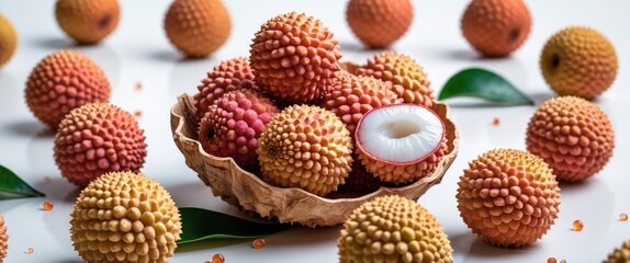 Aufkleber - Fresh lychee fruits arranged artistically with a bowl, showcasing vibrant colors and textures, ideal for packaging and design elements.