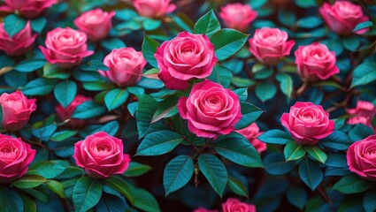 Aufkleber - Vibrant pink roses with lush green leaves in a beautiful floral arrangement showcasing nature's elegance and charm.