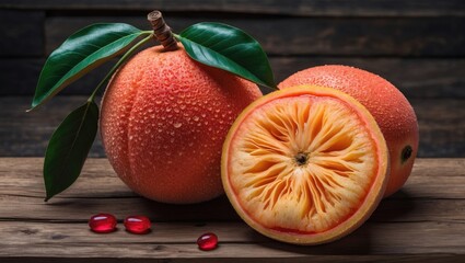 Aufkleber - Siam Ruby Pomelo fruit displayed on rustic wooden surface with leaves and dew droplets showcasing vibrant colors and textures.