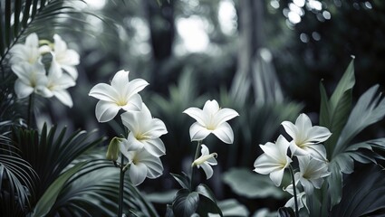 Poster - Black and white close-up of tropical flowers in a serene garden setting with blurred background for a tranquil atmosphere.