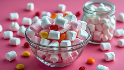 Poster - Colorful marshmallows and chewy candies in glass bowls on a vibrant pink background. Perfect for snack and dessert themes. Copy space available.