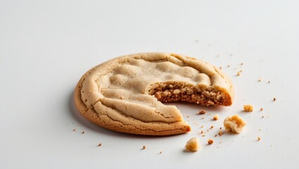 Poster - Delicious Cookie with Bite Taken and Crumbs on Clean White Background Ideal for Food and Dessert Related Marketing and Advertising