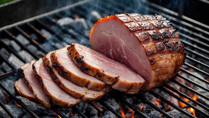 Poster - Grilled Sliced Pork Neck on a BBQ Grate Over Hot Embers in a Smoky Outdoor Setting