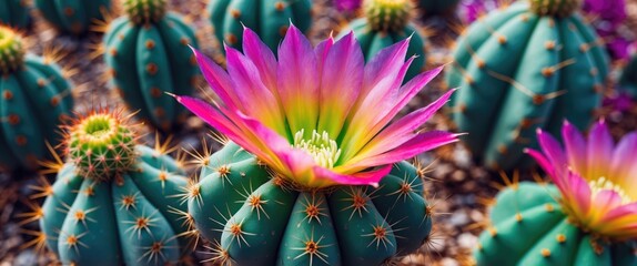 Poster - Vibrant Close-Up of Cactus Flower with Colorful Petals and Sharp Thorns Set Against a Blurred Background for Nature and Gardening Themes