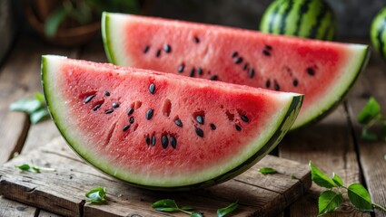 Aufkleber - Freshly Sliced Watermelon Halves on Rustic Wooden Table with Empty Space for Text; Perfect for Summer Themes and Healthy Lifestyle Promotions