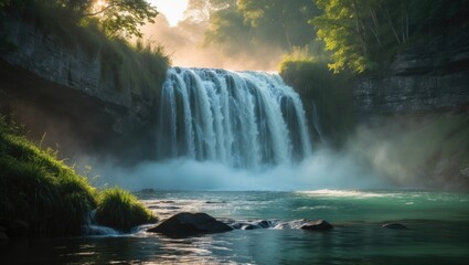 Poster - Majestic Waterfall Surrounded by Lush Forest and Gentle Mist at Sunrise in a Natural Landscape Setting