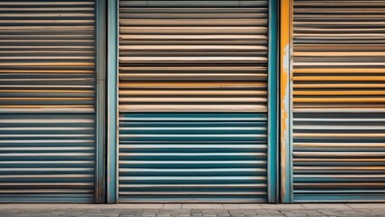 Aufkleber - Colorful metal shutter door pattern with horizontal lines and textures creating a unique urban background for various design projects.
