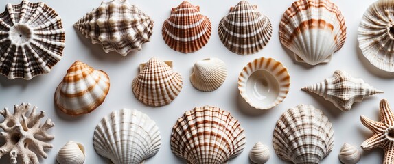 Aufkleber - Collection of Diverse Exotic Sea Shells and Coral Arranged on Smooth White Surface for Natural Decor and Artistic Purposes.