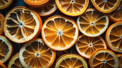 Aufkleber - Dry orange slices arranged as a vibrant natural background or texture showcasing their intricate details and warm hues.