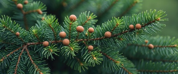 Aufkleber - Brown bumps on spruce branch showcasing the intricate details of nature's textures and colors in a serene green backdrop.