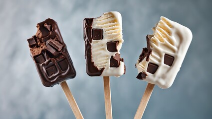 Aufkleber - Bitten Chocolate Ice Cream Bars in Dark, Milk, and White Varieties on Sticks with Empty Space for Text in Full Depth of Field