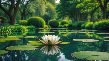 Poster - Serene Water Lily Floating on Tranquil Pond Surrounded by Lush Greenery in Arboretum Landscape