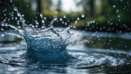 Poster - Dynamic water splash creating ripples on a tranquil surface, showcasing the beauty and motion of liquid in nature's environment.
