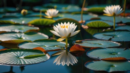 Poster - Beautiful water lily blooming on serene pond surface surrounded by lush green leaves and tranquil reflections in nature.