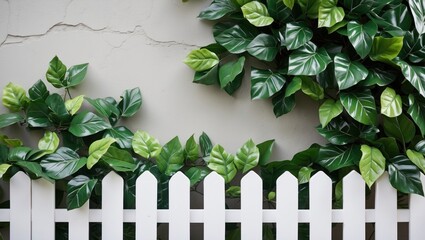 Poster - Lush artificial green leaves cascading over a textured wall paired with a charming white picket fence in a serene setting.