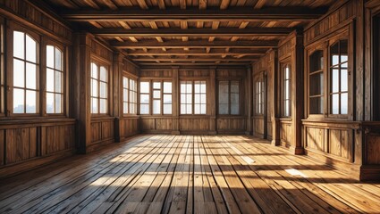 Poster - Spacious vintage wooden interior showcasing natural light through large windows and warm wooden textures in a nostalgic setting