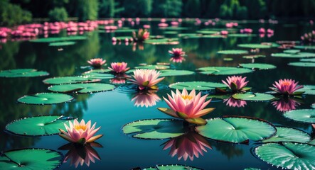 Poster - Serene water lily blossoms floating on a tranquil reservoir surrounded by lush greenery and reflective waters in a picturesque natural setting.