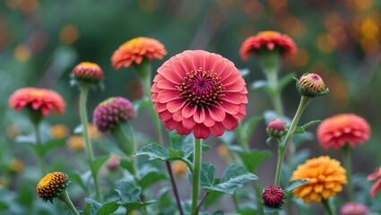 Aufkleber - Vibrant zinnia flowers in a garden showcasing rich colors and textures, ideal for nature-themed designs and floral arrangements.