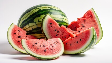 Aufkleber - Freshly sliced watermelon against a clean white background showcasing juicy red flesh and vibrant green rind perfect for summer visuals.