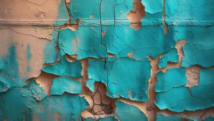 Poster - Weathered teal blue paint peeling off a textured wall surface creating a striking vintage aesthetic for design and decor background.