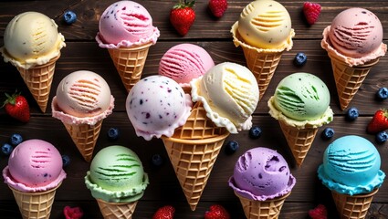 Poster - Colorful Assortment of Homemade Ice Cream in Waffle Cones Surrounded by Fresh Fruits on Wooden Background with Copy Space for Text
