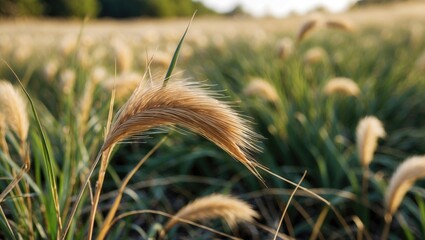 Aufkleber - Nature's Serenity with Thatch Grass in Selective Focus, Capturing Delicate Details of Outdoor Flora in a Sunlit Field Setting