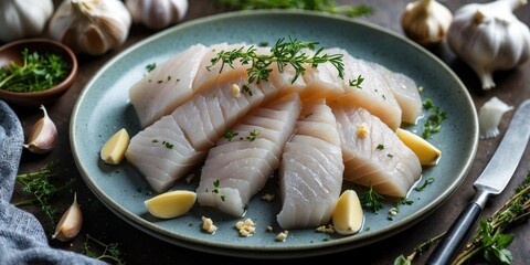 Aufkleber - Sliced Salted Cod on a Plate with Fresh Garlic and Herbs for Culinary Presentations and Recipes
