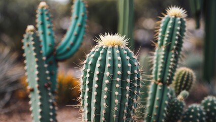 Poster - Close-up View of Green Cactus with Prominent Spines Against Soft Background in Natural Desert Environment