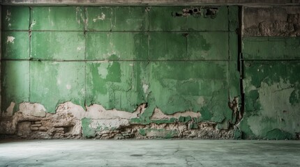 Poster - Weathered vintage green cement wall background with peeling paint and texture for creative or architectural design projects.