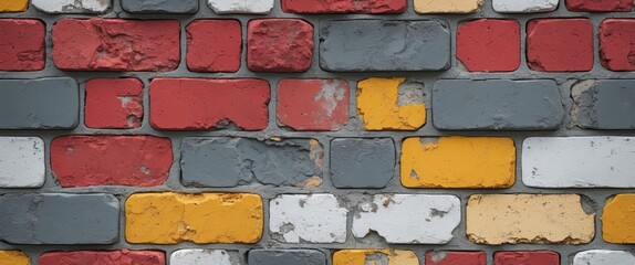 Poster - Colorful grunge wall texture featuring large worn bricks in red, grey, yellow, and white, ideal for backgrounds and artistic designs.
