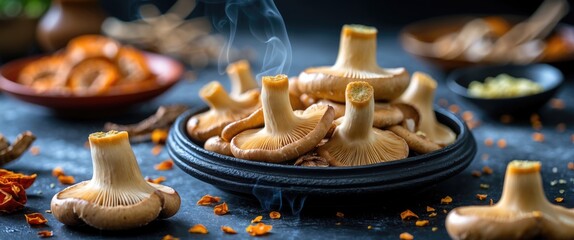 Poster - Dried shiitake mushrooms arranged artistically on a plate with steam, perfect for culinary presentations and food photography.